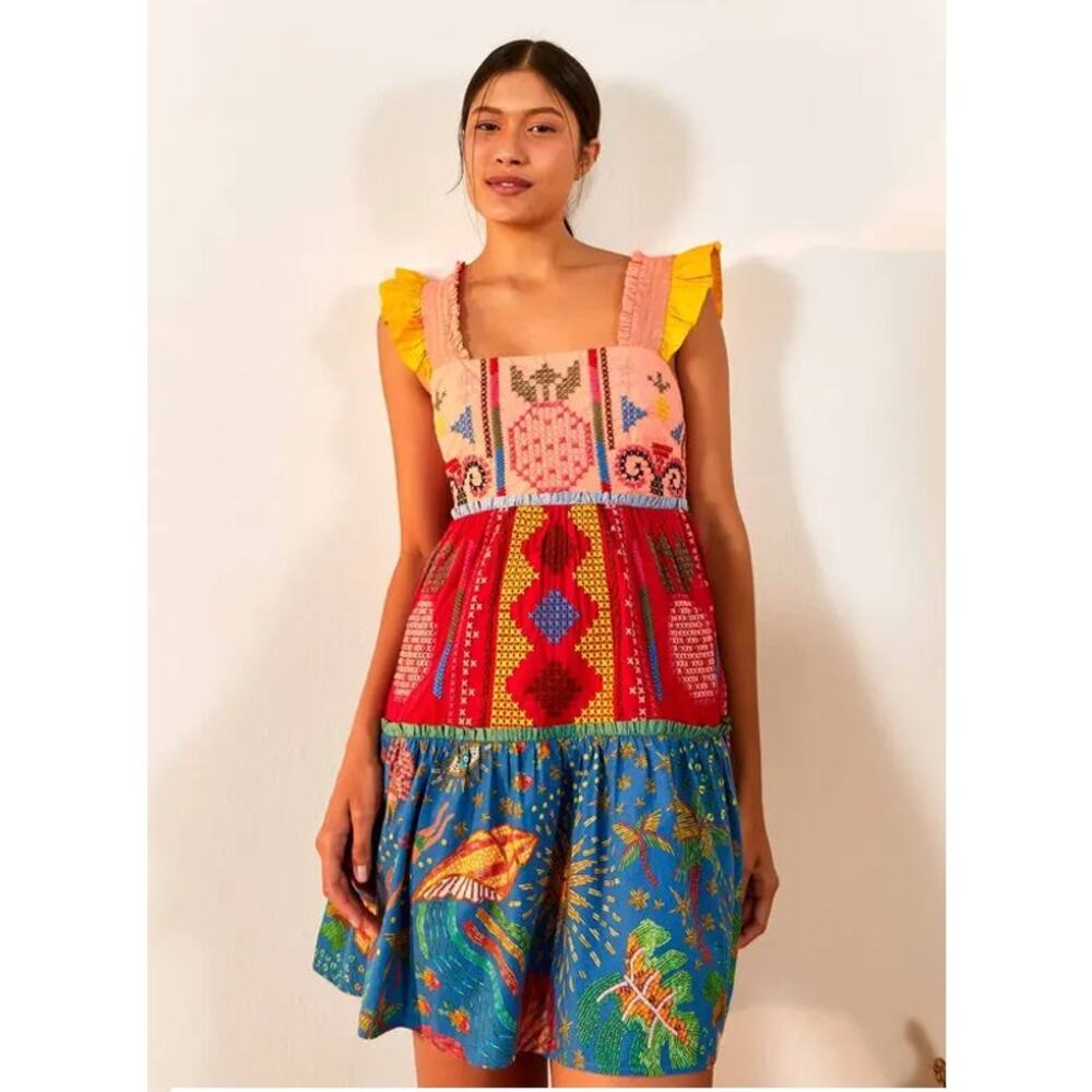 Farm Rio Colorblock Embroidered Flutter Sleeve Mini Dress Multicolor Women Large
